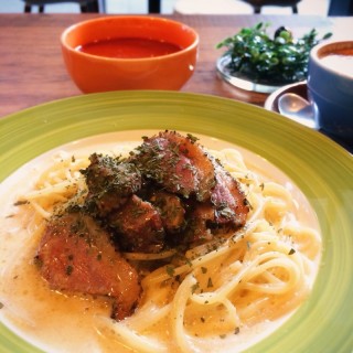 Smoked Duck Miso Spaghetti and Minestrone soup. - Biopolis / Envy Coffee (Biopolis)|Singapore